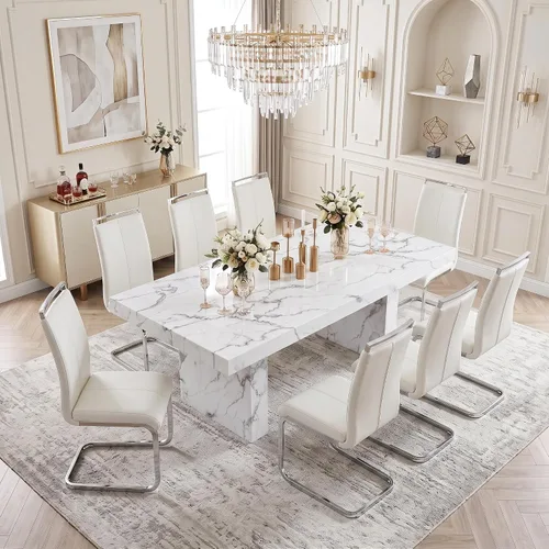 Vista 18 de gopop Juego de mesa de comedor de 7 piezas para 6, 63 pulgadas de mármol sintético
