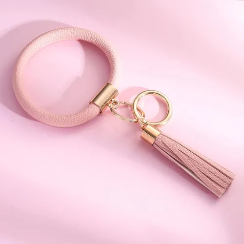 Vista 4 de Coolcos Llavero de piel, círculo grande con borla, para muñeca, brazalete, regalo para mujer