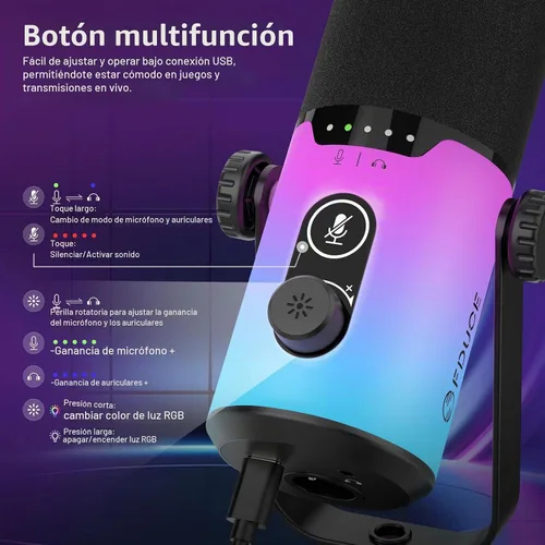 Vista 5 de FDUCE Juego de micrófono dinámico para juegos, micrófono de computadora USB/XLR para podcast con soporte de brazo extensible, luz RGB, botón