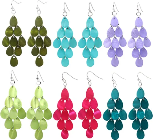Vista 8 de Aretes colgantes en capas con cuentas de disco hechos a mano, multicolor, naranja, rojo, azul, para mujer