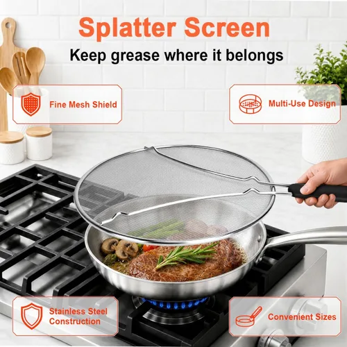 Vista 8 de Pantalla contra salpicaduras para sartén de 13 pulgadas, protector de salpicaduras de grasa de acero inoxidable, protector contra salpicaduras