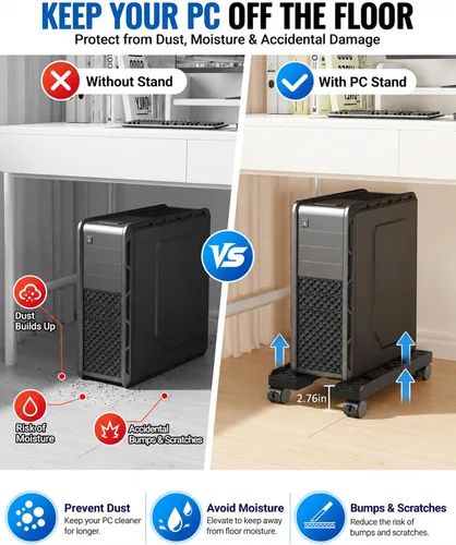 Vista 6 de Soporte de CPU móvil ajustable, Soporte de torre de computadora ventilado con 4 ruedas con rodamientos se adapta a la mayoría de torres de PC Grande