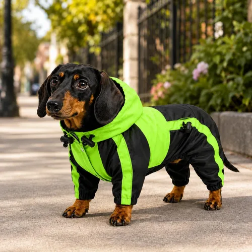 Vista 9 de Ropa para mascotas, abrigo impermeable de nailon para mascotas, chaqueta de lluvia adorable con capucha perfecta para razas de perros pequeños, Verde
