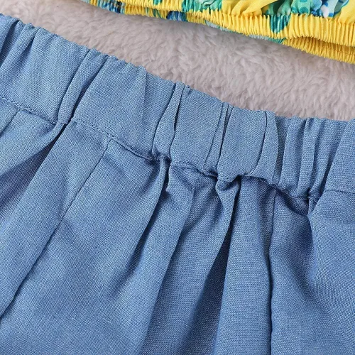 Vista 6 de Conjunto de pantalones cortos de mezclilla con volantes y hombros descubiertos para niños y niñas, conjunto de falda corta con lazo, ropa de verano