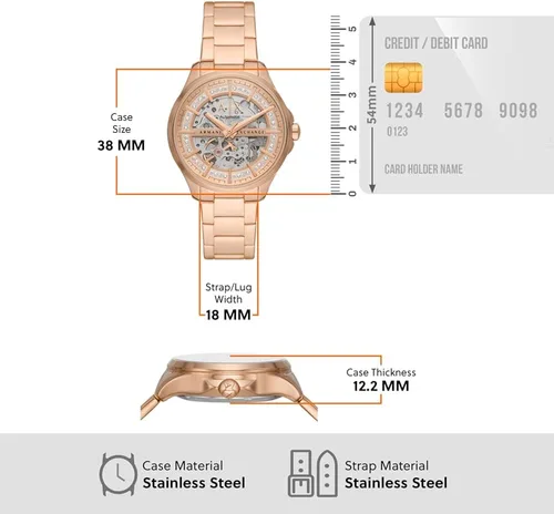 Vista 7 de Armani Exchange - Reloj de vestir de acero inoxidable con tres manos para mujer, Oro rosa automático, Reloj automático