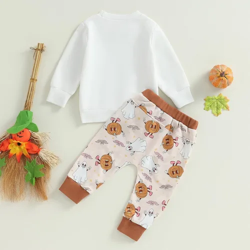 Vista 3 de Conjunto de sudadera de manga larga con estampado de calabaza y pantalones de Halloween para bebé, 2 piezas, ropa de otoño e invierno
