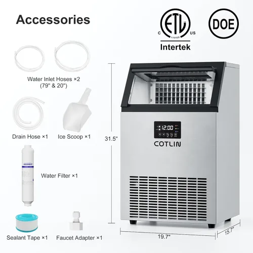 Vista 9 de COTLIN - Máquina comercial para hacer hielo de 200 libras en 24 horas, 60 cubitos por ciclo, con depósito de almacenamiento con aislamiento de más