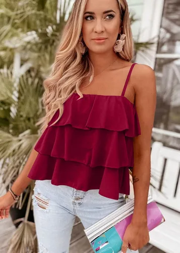 Vista 2 de KIRUNDO Camiseta sin mangas con tirantes delgados para mujer, de verano, con capas, con volantes, con lazo en el hombro, con vuelo, sin mangas