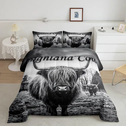 Vista 16 de Ropa de cama con estampado de vaca marrón tamaño individual, juego de edredón rústico de piel de vaca con calavera de vaca, relleno de edredón
