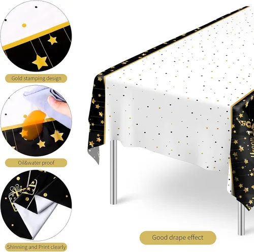 Vista 3 de Ruisita Paquete de 2 manteles rectangulares de color negro y dorado para fiestas de cumpleaños de 18 años, manteles de fiesta de cumpleaños