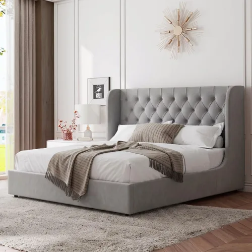 Vista 9 de HOMBCK - Marco de cama tamaño completo, base de cama tapizada en plataforma gris con cabecero, terciopelo acolchado, diseño de ala curvada, listones