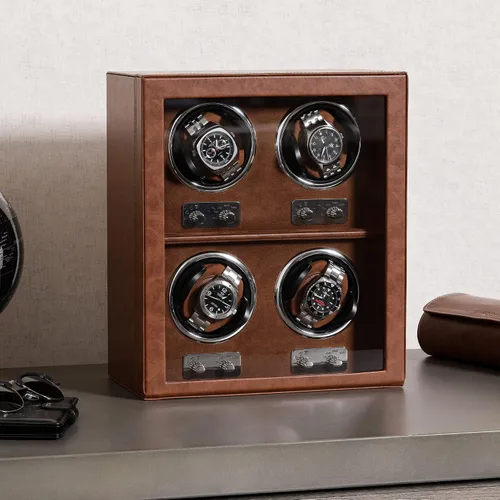 Vista 5 de ROTHWELL Bobinadora de 4 relojes para relojes automáticos con motor silencioso con múltiples velocidades y ajustes de rotación (bronceado/marrón)