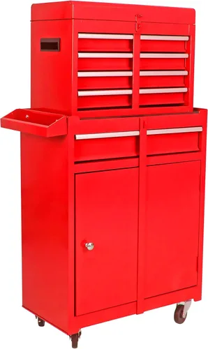 Vista 10 de Carro de herramientas rodante de 4 cajones, caja de herramientas con ruedas y parte superior de madera, carrito de almacenamiento de herramientas