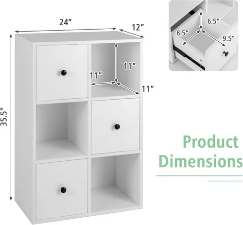 Vista 3 de GOFLAME Estantería de pie, organizador de almacenamiento de 3 niveles con 3 cubos y 3 cajones, estantería moderna con dispositivo anti-caída