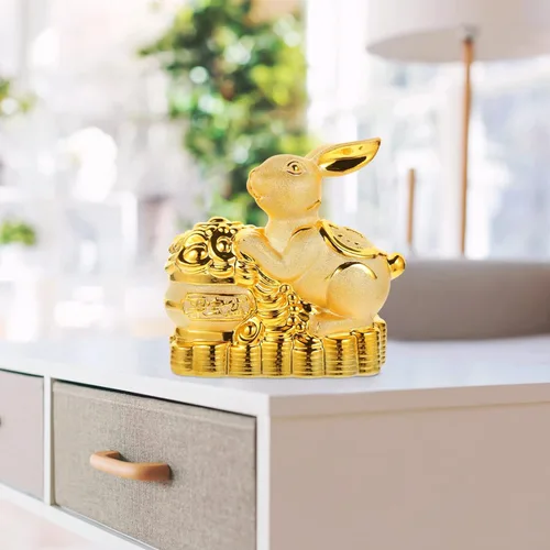 Vista 7 de Estatua de conejo de cerámica Feng Shui Estatua de conejo para riqueza 2023 Año Nuevo chino Zodiaco Recuerdo Animales Banco Moneda Conejito Caja