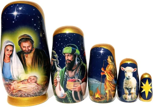 Vista 3 de Muñecas de madera coleccionables de larga duración hechas a mano, de madera, de 5 piezas, con escenas originales de Navidad en cada muñeca