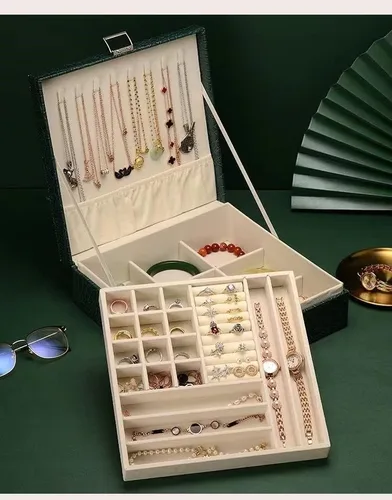 Vista 2 de Organizador de joyero caja de almacenamiento grande de 2 capas caja de joyería de cuero sintético para mujeres para almacenar anillos aretes