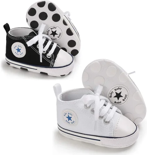 Vista 5 de KIDSUN - Zapatos deportivos unisex de caña alta para bebés, mezclilla de lona, suela antideslizante, suaves, para los primeros pasos