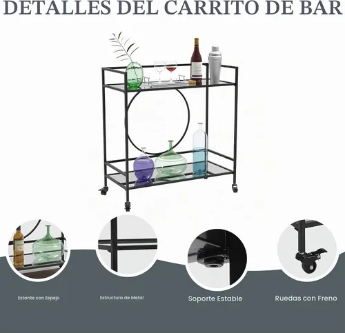 Vista 4 de RiteSune Carrito de bar negro con ruedas, carrito de servir vintage con 2 Carrito de vino vintage con 2 estantes de espejo, carrito de alcohol
