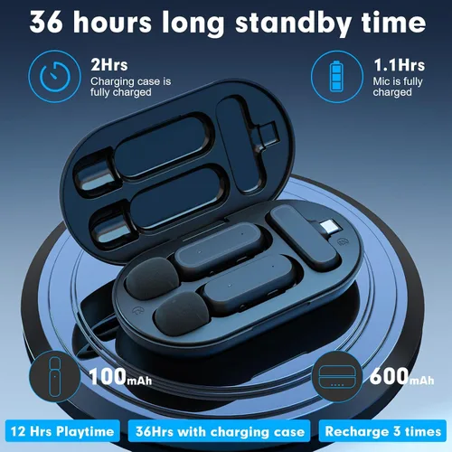 Vista 5 de Paquete de 2 micrófonos inalámbricos Lavalier para iPhone y Android, micrófono con clip de reducción de ruido Plug and Play con funda de carga