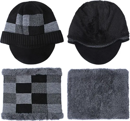 Vista 2 de HH HOFNEN Conjunto de bufanda de invierno para hombres y mujeres, visera de punto, cálido, grueso, forro polar, calentador de cuello para exteriores