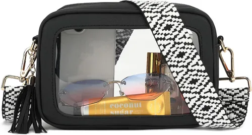 Vista 6 de LOXOMU - Bolso cruzado transparente para mujer aprobado para usar en estadios, bolsos transparentes impermeables con correa estilo guitarra