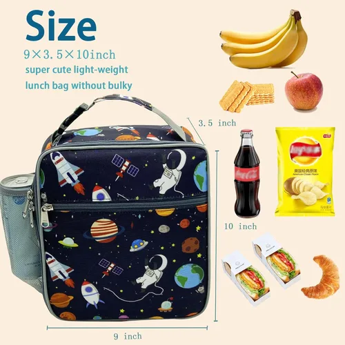 Vista 4 de Kulle - Lonchera para niños, bolsa de astronauta aislada para niños Leakproof Washable Liner,9"x3.5"x10", Front & Mesh Pockets,Reusable for