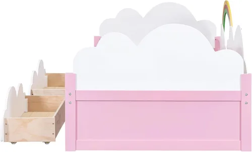 Vista 6 de Merax Cama individual con decoración de nubes y arco iris, marco de cama de madera con cajones de almacenamiento para niños
