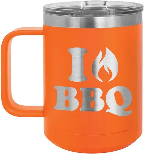 Vista 8 de I Love BBQ Black Taza de café de 15 oz con tapa deslizante Taza de café de viaje aislada Idea de regalo para barbacoa y parrilla para hombres