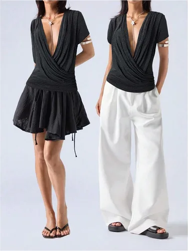 Vista 5 de SOLY HUX Camisetas de manga corta con cuello en V profundo para mujer Gris oscuro