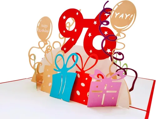 Vista 4 de iGifts And Cards Tarjeta desplegable 3D de cumpleaños 96, regalos coloridos y celebración de hitos de globos, saludo sincero para personas mayores