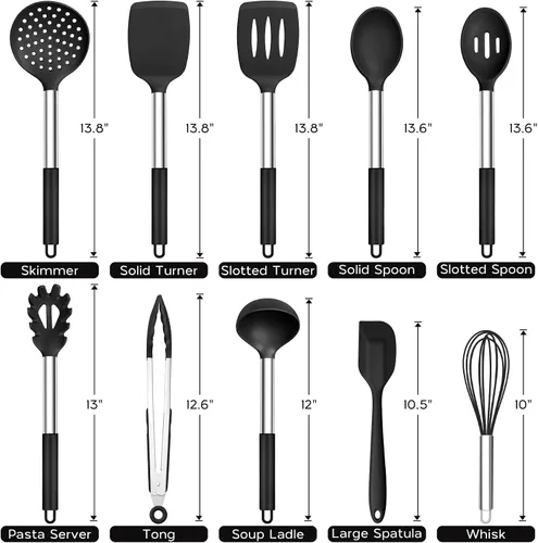 Vista 2 de Onader Juego de 10 utensilios de cocina de silicona, con soporte y mango de acero inoxidable resistente al calor para utensilios de cocina Negro