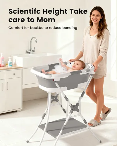 Vista 6 de Bañera para bebé con soporte, bañera plegable 2 en 1 para recién nacidos a niños pequeños, bañera infantil con soporte plegable, bañera portátil