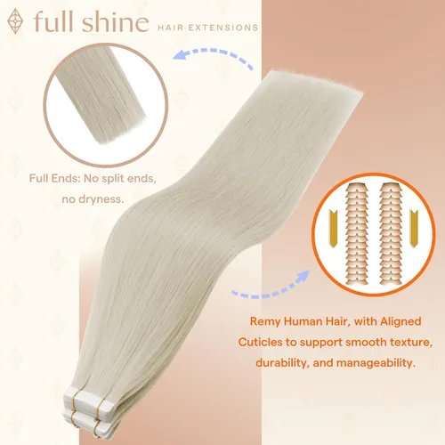 Vista 11 de Full Shine - Extensiones de cabello humano con cinta, mezcla de rubio hongo # 8 castaño ceniza resaltado 60 rubio ceniza