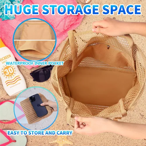 Vista 3 de Bolsa de playa de malla, bolsa de hombro extragrande para mujer, bolsa de piscina para compras, viajes y vacaciones