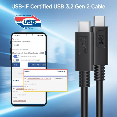 Vista 2 de Cable Matters [Certificado USB-IF] Cable USB C de 10 Gbps Gen 2 - 1 m / 3.3 pies, admite hasta