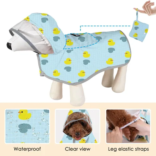 Vista 4 de SlowTon Chubasquero para perros, chaqueta de lluvia ajustable para perros con capucha transparente de doble capa, poncho impermeable con tiras