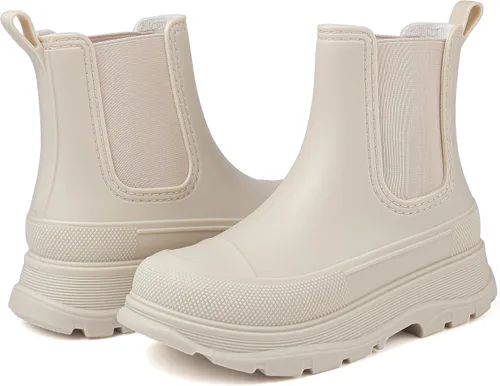 Vista 2 de Botas Chelsea de lluvia cortas para mujer, impermeables, antideslizantes en el tobillo Beige-e