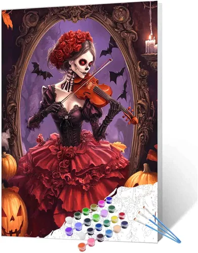 Vista 9 de Tucocoo Decoración del Día de los Muertos, pintura por números, esqueleto para parejas, pintura por números sobre lienzo con pinceles y pigmento