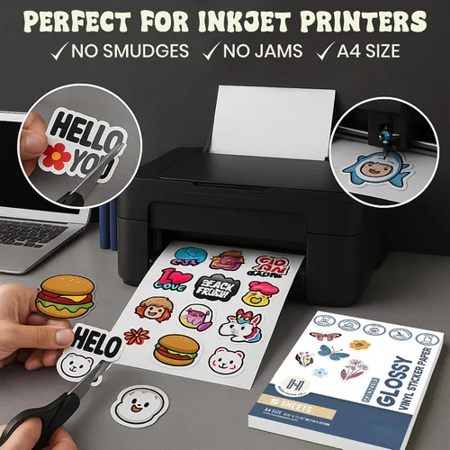 Vista 3 de Papel adhesivo de vinilo imprimible para impresora de inyección de tinta, hojas autoadhesivas blancas brillantes e impermeables para Cricut