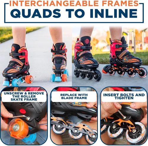 Vista 9 de XINO SPORTS Combo 2 en 1, Patines para niños Patines en línea - Patines intercambiables con luz LED para niños de 6 a 12 años, adolescentes