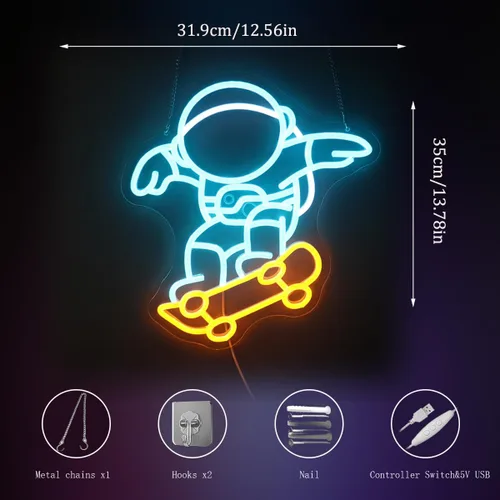 Vista 6 de Astronaut Skateboarding" Space Adventure Light - Arte de pared LED genial y que desafía la gravedad para sala de juegos, dormitorio, decoración