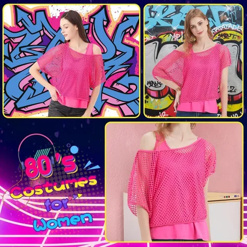 Vista 4 de WILDPARTY Camiseta casual sexy de los años 80 para mujer, diseño de red de neón con hombros descubiertos, dos piezas