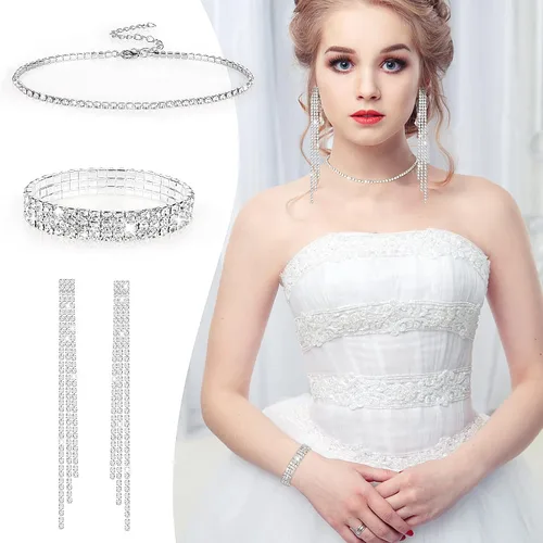 Vista 3 de Hooqict Juego de joyas de diamantes de imitación para mujer, 4 piezas con purpurina triangular, monedero de embrague con borla, aretes, gargantilla