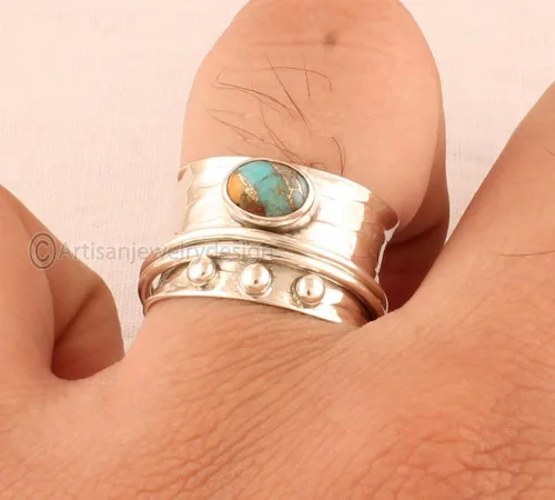 Vista 2 de Oyster Copper Turquoise Ring, 925 Sterling Silver Jewelry, Minimalist Ring For Women, Statement Spinner Ring, Fidget Spinner Ring, Anxiety Spinner