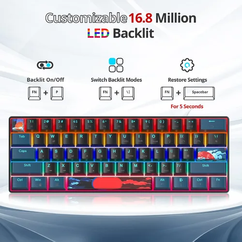 Vista 4 de Protable - Teclado mecánico 60% para juegos, mini compacto retroiluminado de 61 teclas, teclado de oficina con cable con interruptor rojo
