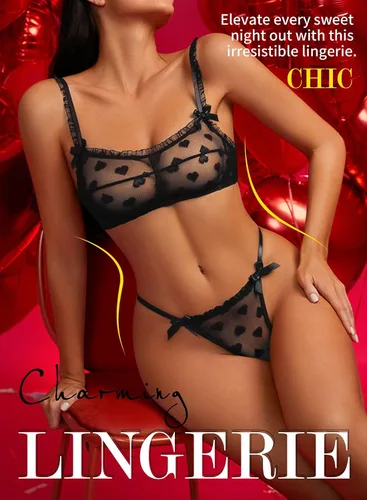 Vista 3 de EVELUST Conjunto de lencería con estampado de corazón para mujer, ropa interior transparente de malla de San Valentín, con volantes, bonito brasier