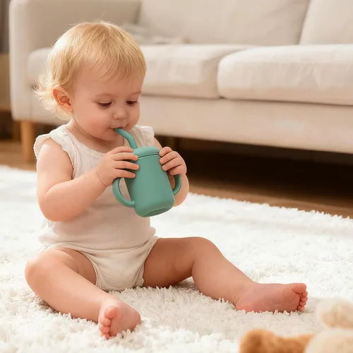 Vista 7 de Paquete de 2 tazas para beber 100% silicona para bebé, taza pequeña de entrenamiento de silicona con asas y popote para bebés y niños pequeños verde