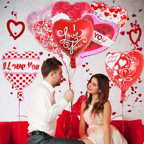Vista 5 de Globos de San Valentín de corazón rojo, 16 globos de aluminio con texto en inglés "I Love You", globos Myalr para San Valentín, noche