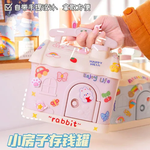 Vista 4 de Alcancía Kawaii con calcomanías y parches, banco de dinero Kawaii para papel y monedas, bonita caja de almacenamiento de artículos para la escuela